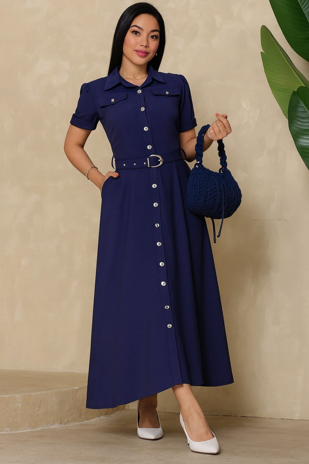 Vista principal Vestido Longo D Bell Outlet Fashion Bolso Cinto Forrado D BELL OUTLET FASHION azul