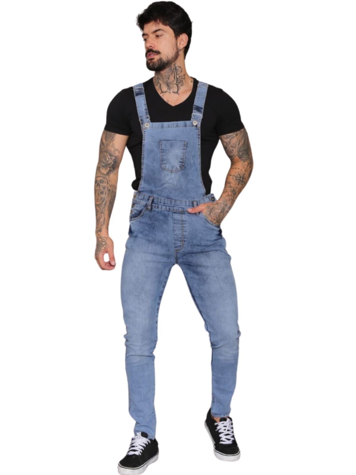 Vista principal Macacão Manchado Sarja Masculino Alleppo Jeans azul