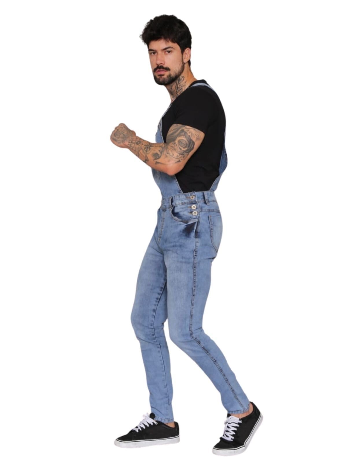 Vista 2 Macacão Manchado Sarja Masculino Alleppo Jeans azul