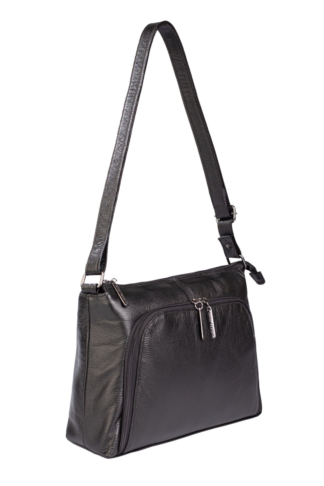 Vista 2 Bolsa de couro liso metais grafite tiracolo Ninna Andrea Vinci preto