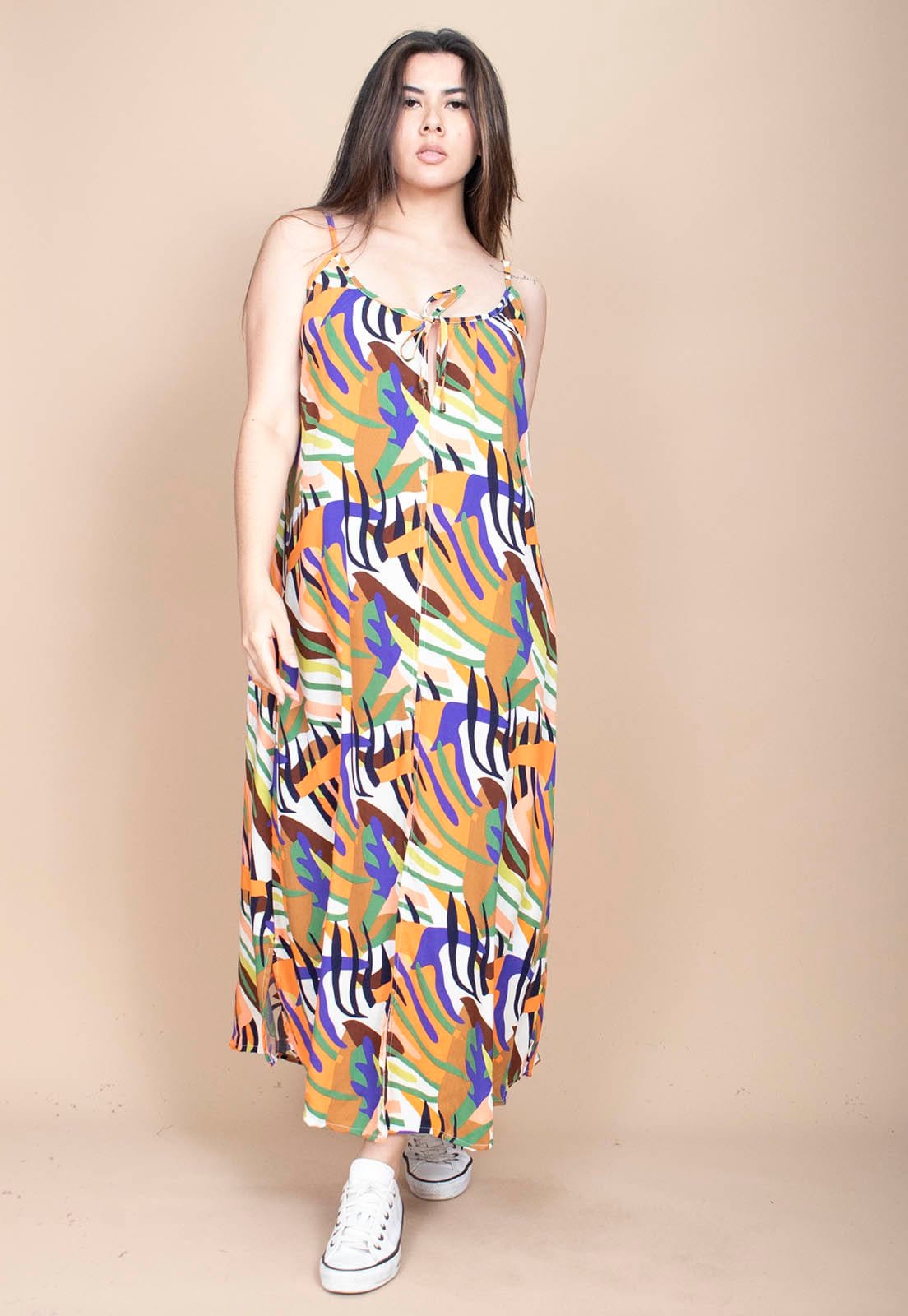 Vista principal Vestido Longo Cabanafree Caçuá Viscose Alça Fina Estampa Cores Vibrantes Cabanafree estampado/laranja/preto/verde