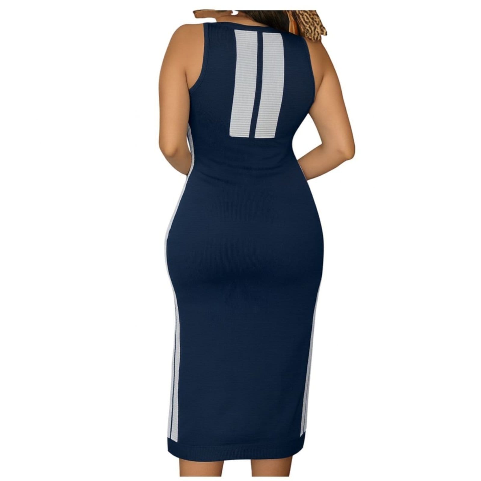 Vista 2 Vestido FMF Midi Tricô Feminino Justo Listrado Lateral Premium Casual Marinho FMF azul marinho