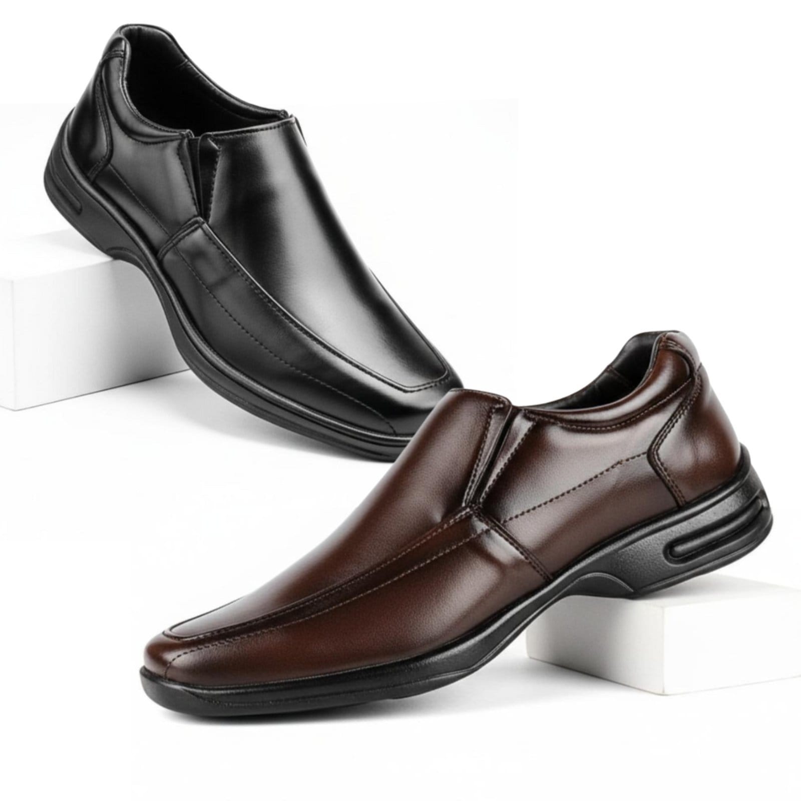 Kit 2 Mocassim Loafer Social Masculino Elástico Ortopédico Antistress Bico Quadrado