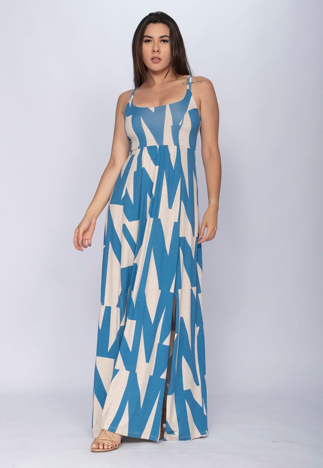 Vista principal Vestido CabanaFree Longo Jambo Malha Aberturas Geométrico Cabanafree azul/estampado azul