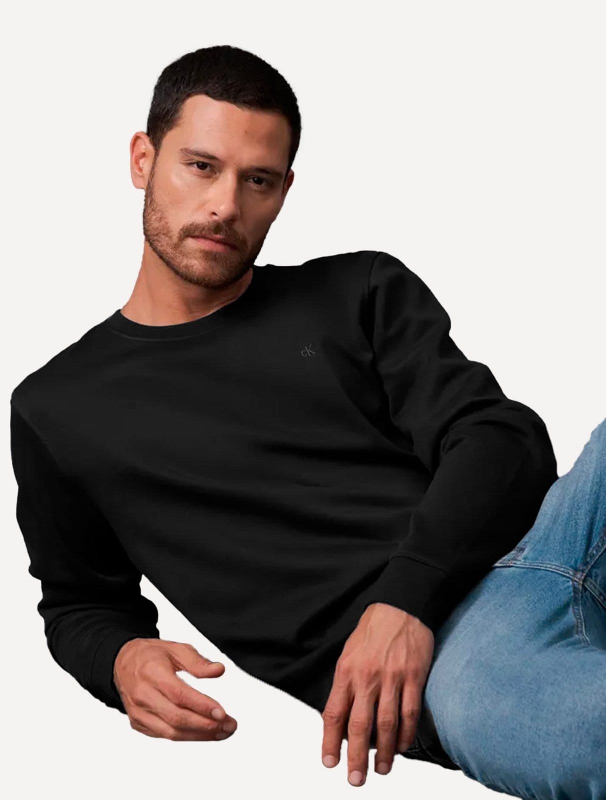 Vista 2 Moletom Calvin Klein Jeans Masculino Crewneck CK Small Bordado Calvin Klein preto