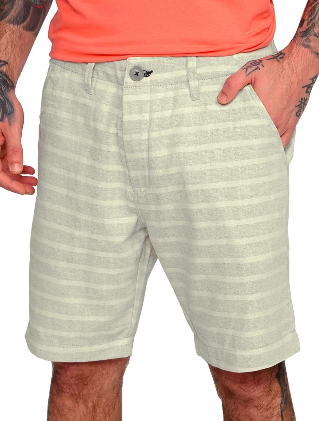 Vista principal Bermuda Calvin Klein Jeans Masculina Linen Striped Cadarço Areia Calvin Klein bege