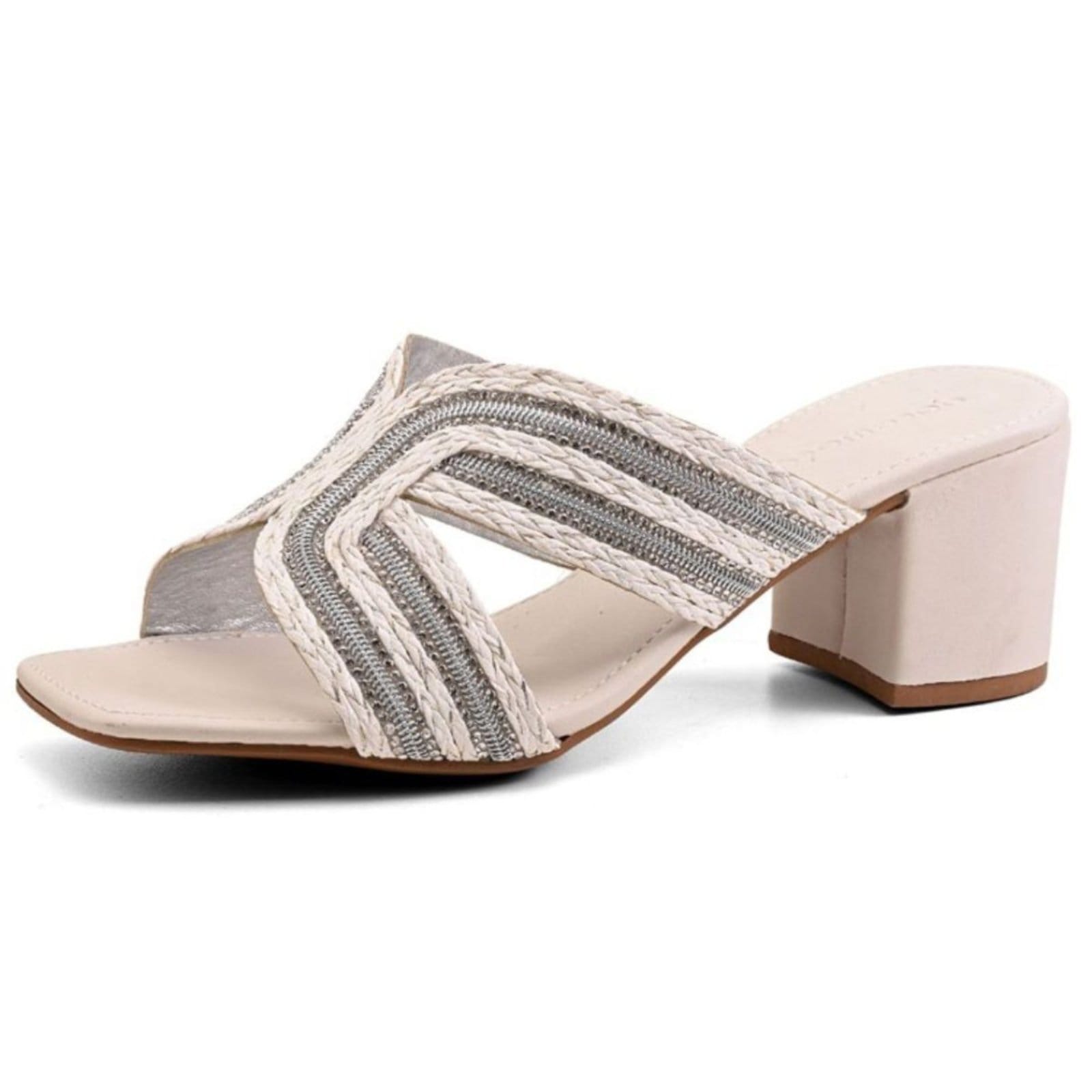 Tamanco Feminino Salto Bloco Off White Brilho