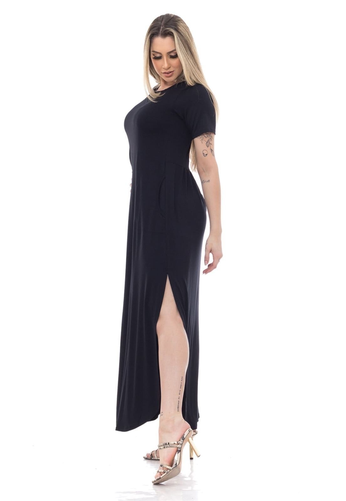 Vista 2 Vestido Longo De Premium Com Fenda Lateral linha Premium Docce Mulher preto