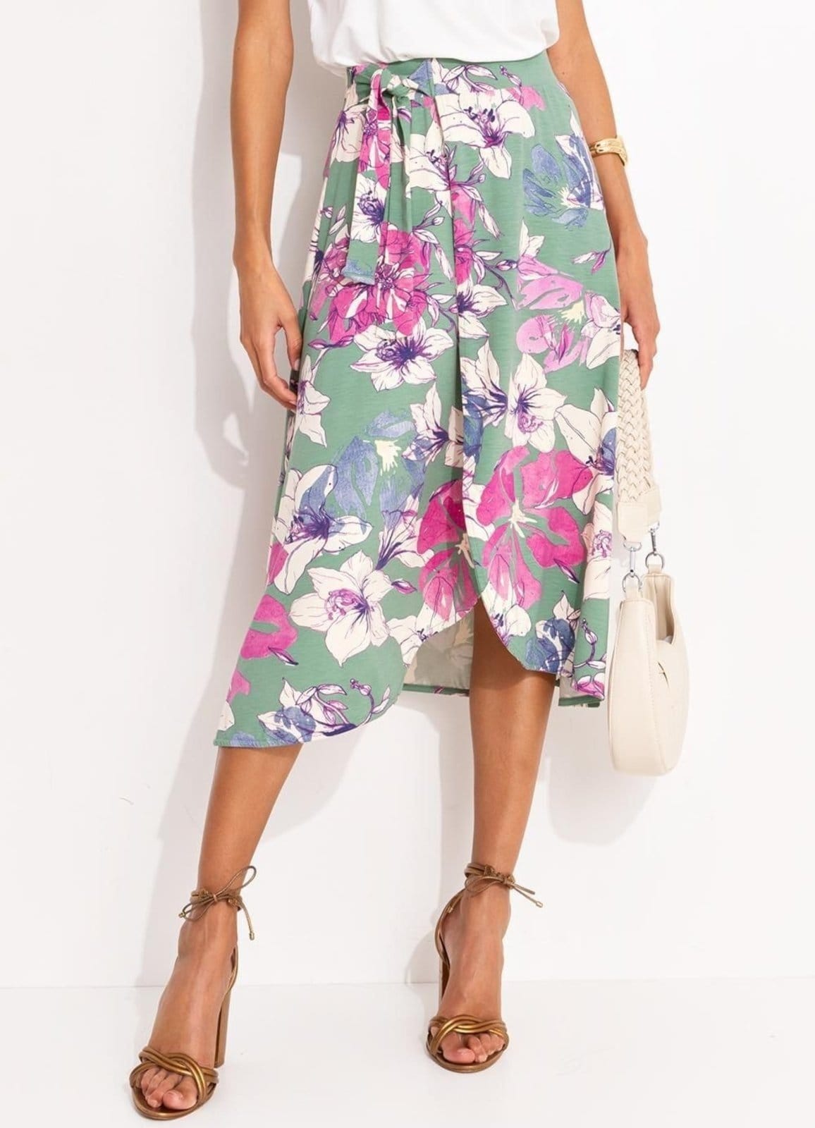 Vista principal Saia Floral Artístico Em Malha De Viscose Quintess verde