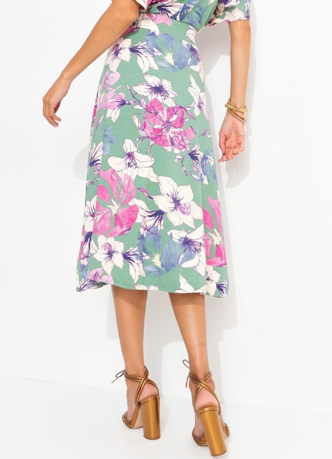 Vista 2 Saia Floral Artístico Em Malha De Viscose Quintess verde