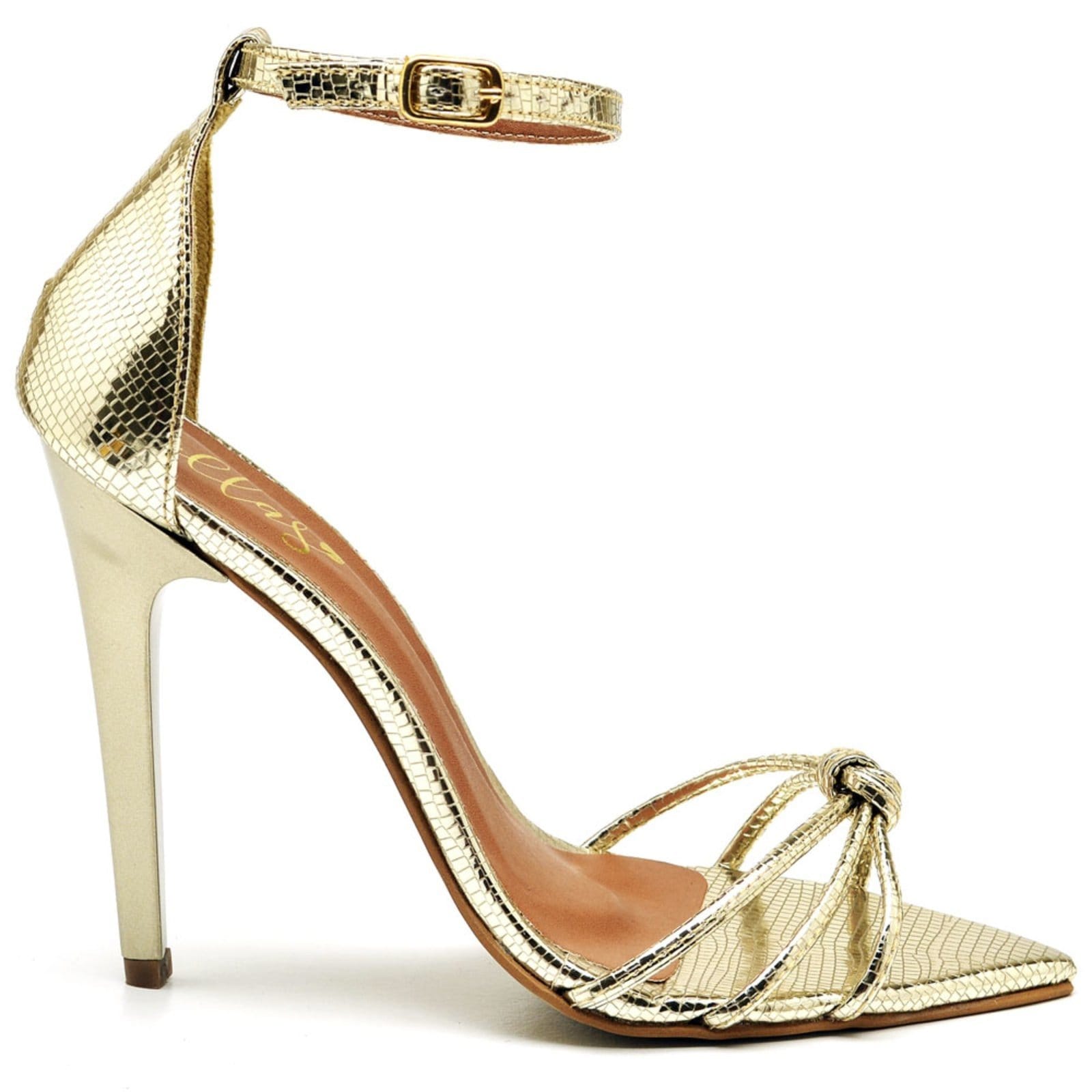 Vista 2 Sandália Bico Folha Salto Alto Lagarto Ella's ZAFREM dourado