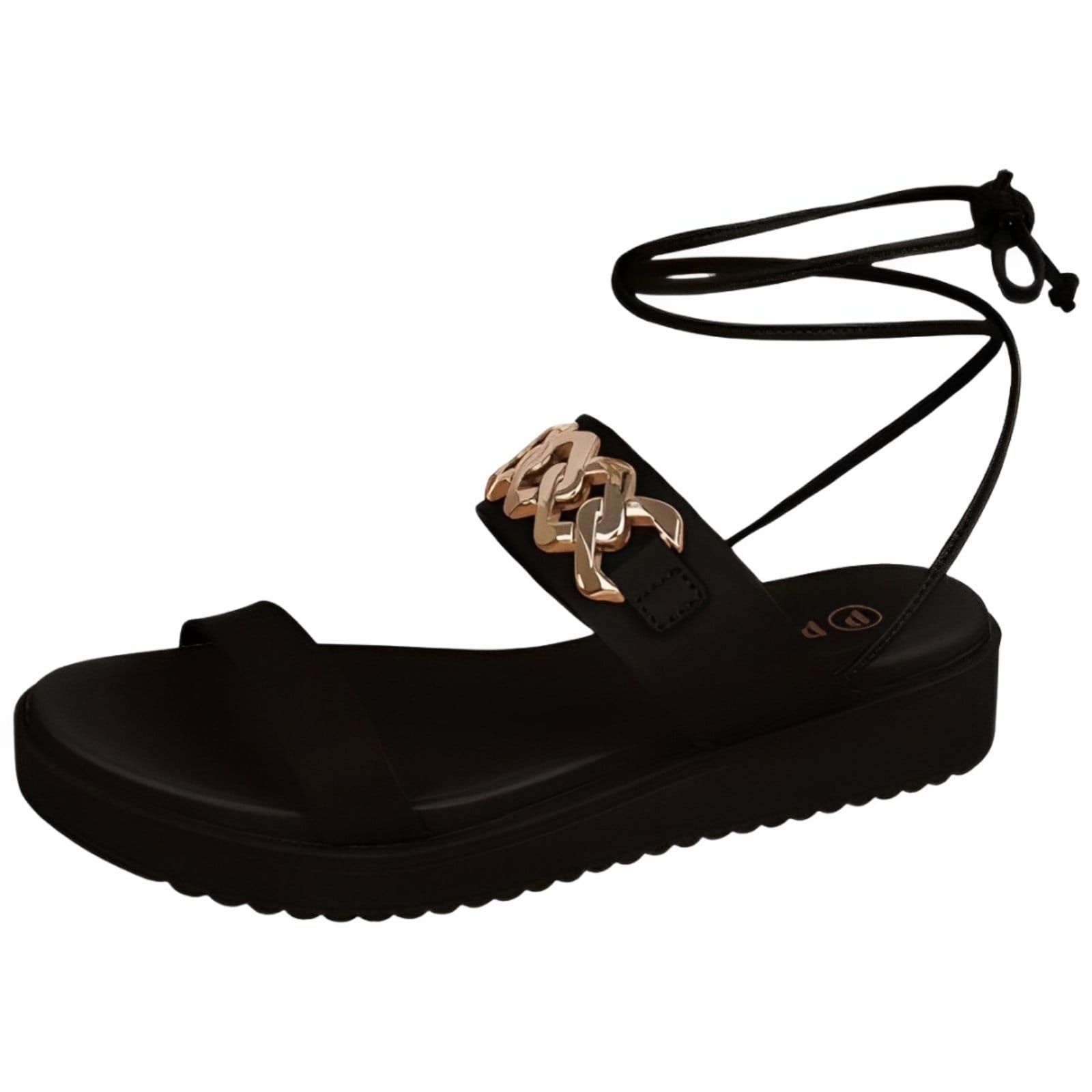 Vista principal Sandália Feminina Papete Preta Amarração na Perna Corrente Dourada Santa Rosa preto rosa