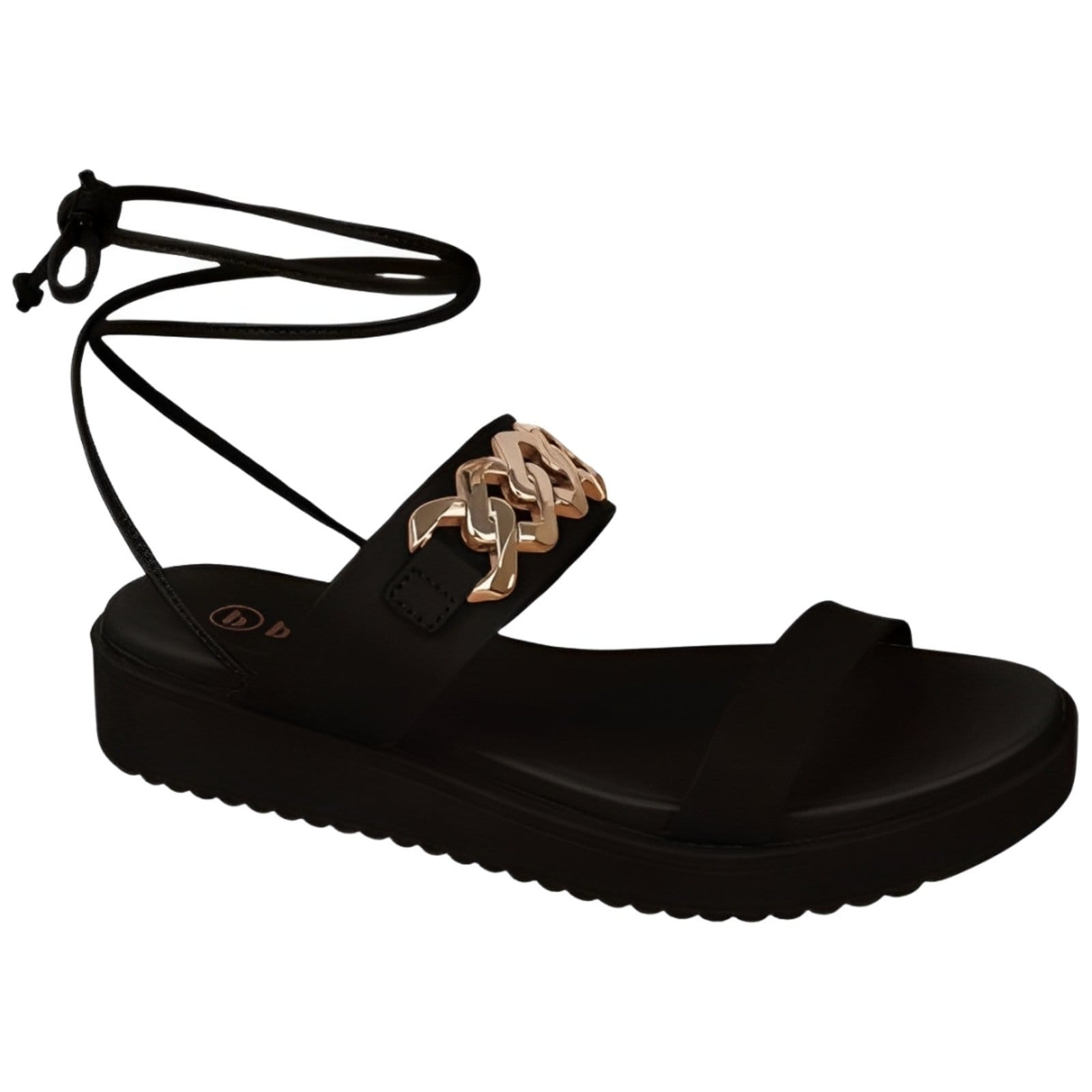 Vista 2 Sandália Feminina Papete Preta Amarração na Perna Corrente Dourada Santa Rosa preto rosa