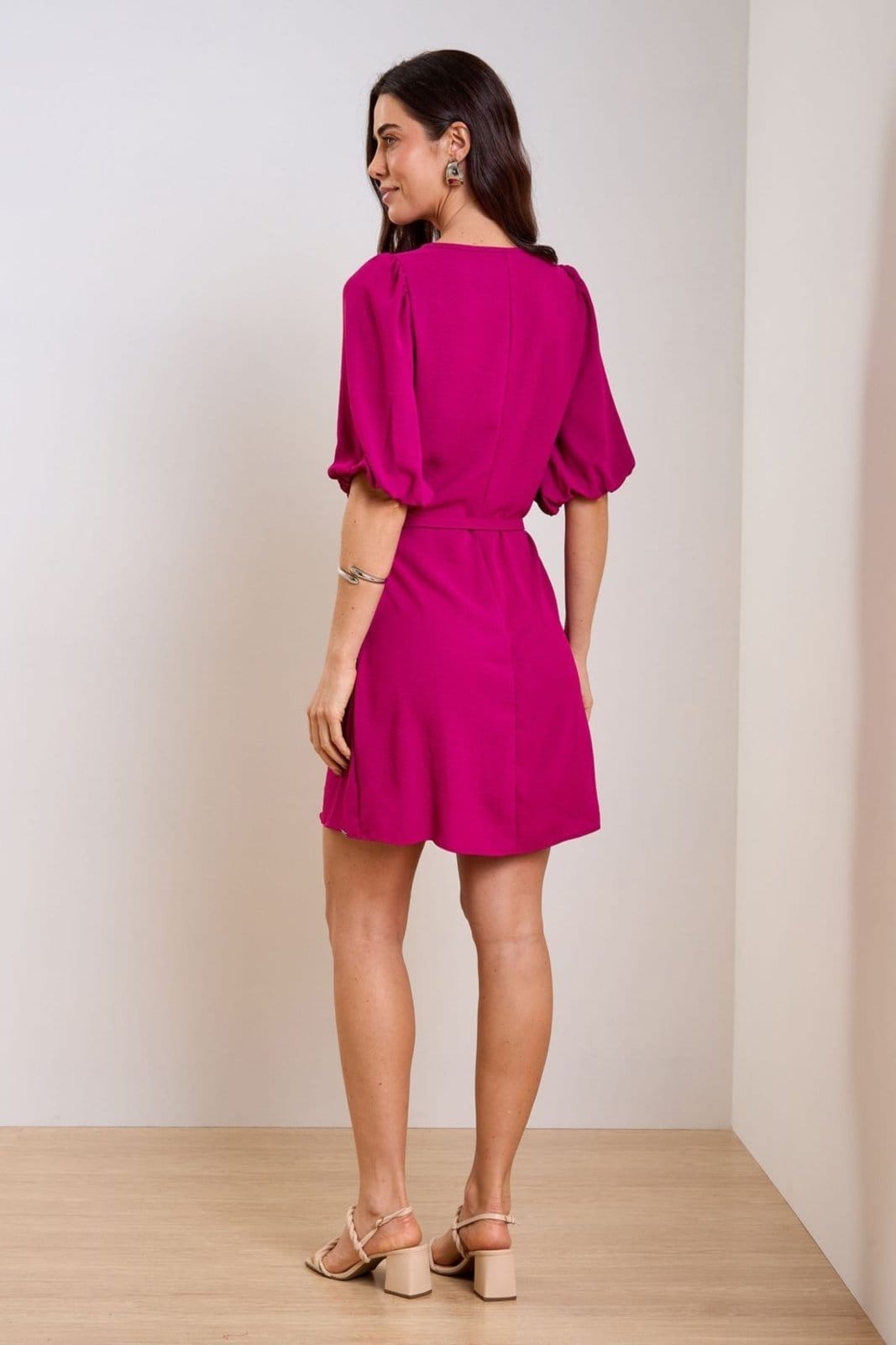 Vista 2 Vestido Feminino Curto Manga Bufante Marialícia Marialícia rosa