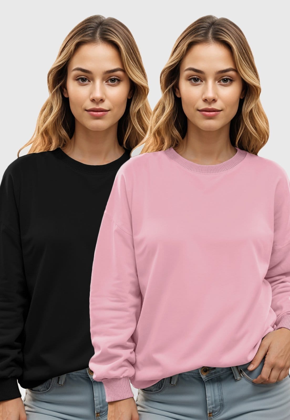 Vista principal Kit 2 Moletom Gola Redonda Feminino Flanelado Benellys Liso Rosa com Benellys preto/rosa rosa