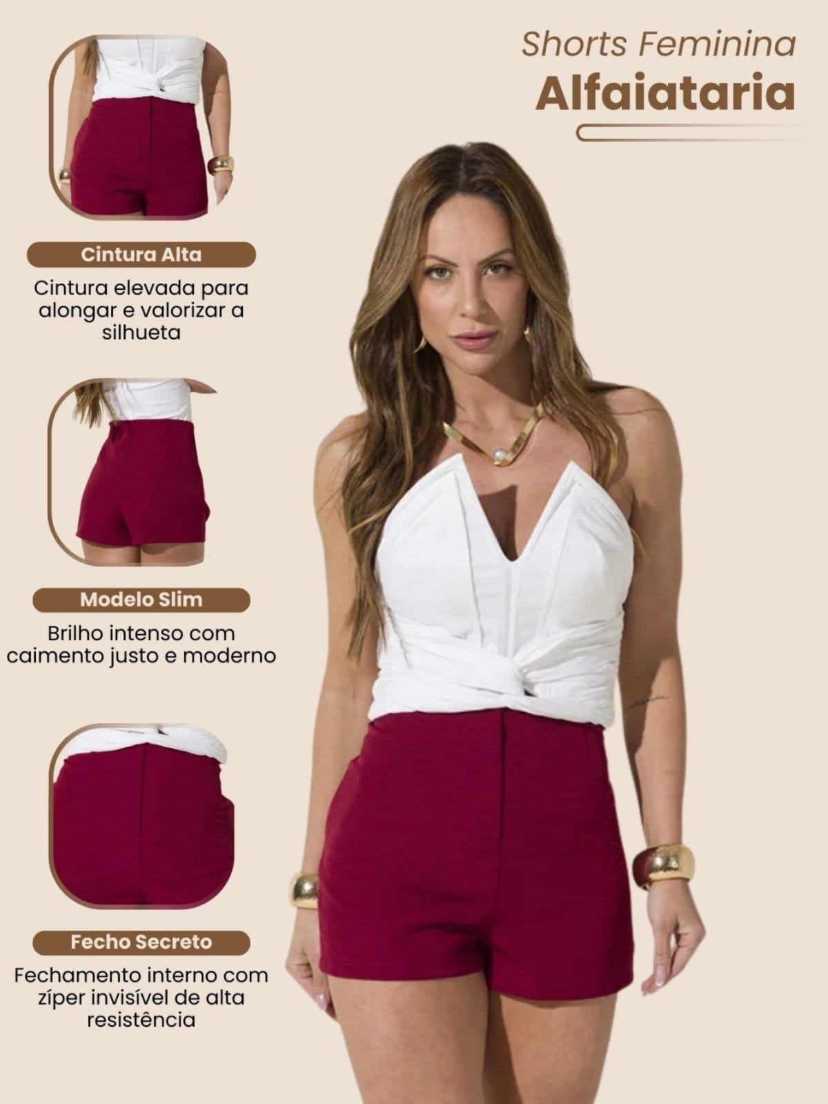 Vista 2 Shorts Feminino de Alfaitaria Social Bordô Fecho Invisível Elegante Plissado Modelagem Curta Cintura Alta Estiloso Casual Sofisticado Bolsos Frontais Fecho com Botão Minimalista Vicio Fatal vermelho