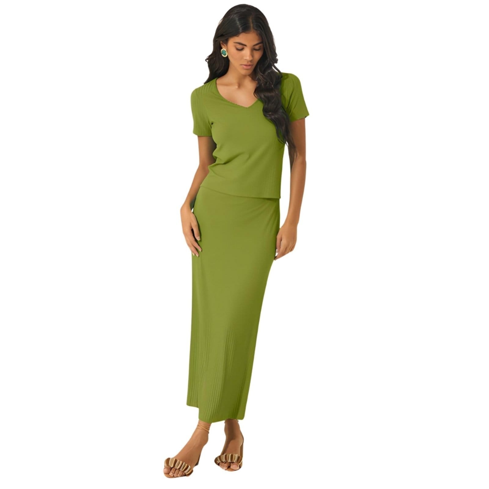 Vista principal Saia Chá Cintura Alta Canelada Lez a Lez verde militar