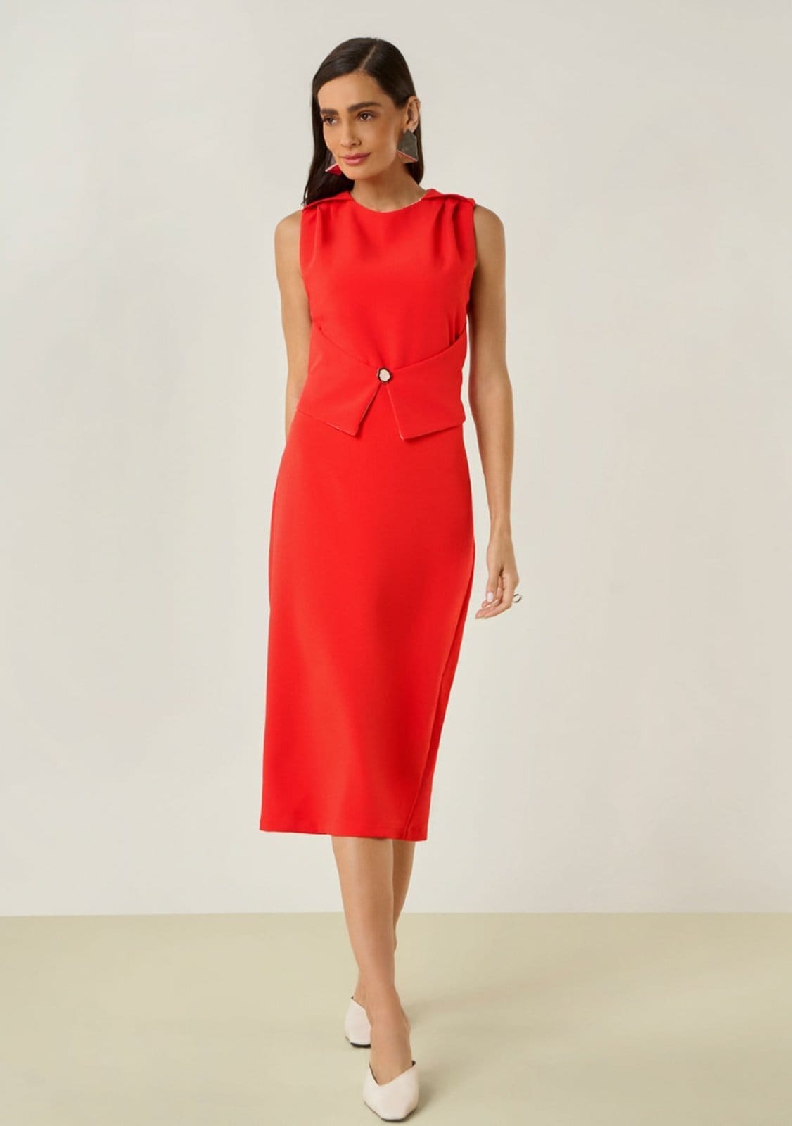 Vista principal Vestido Maria Valentina Solto Decote Careca Sem Manga Midi Maria Valentina vermelho