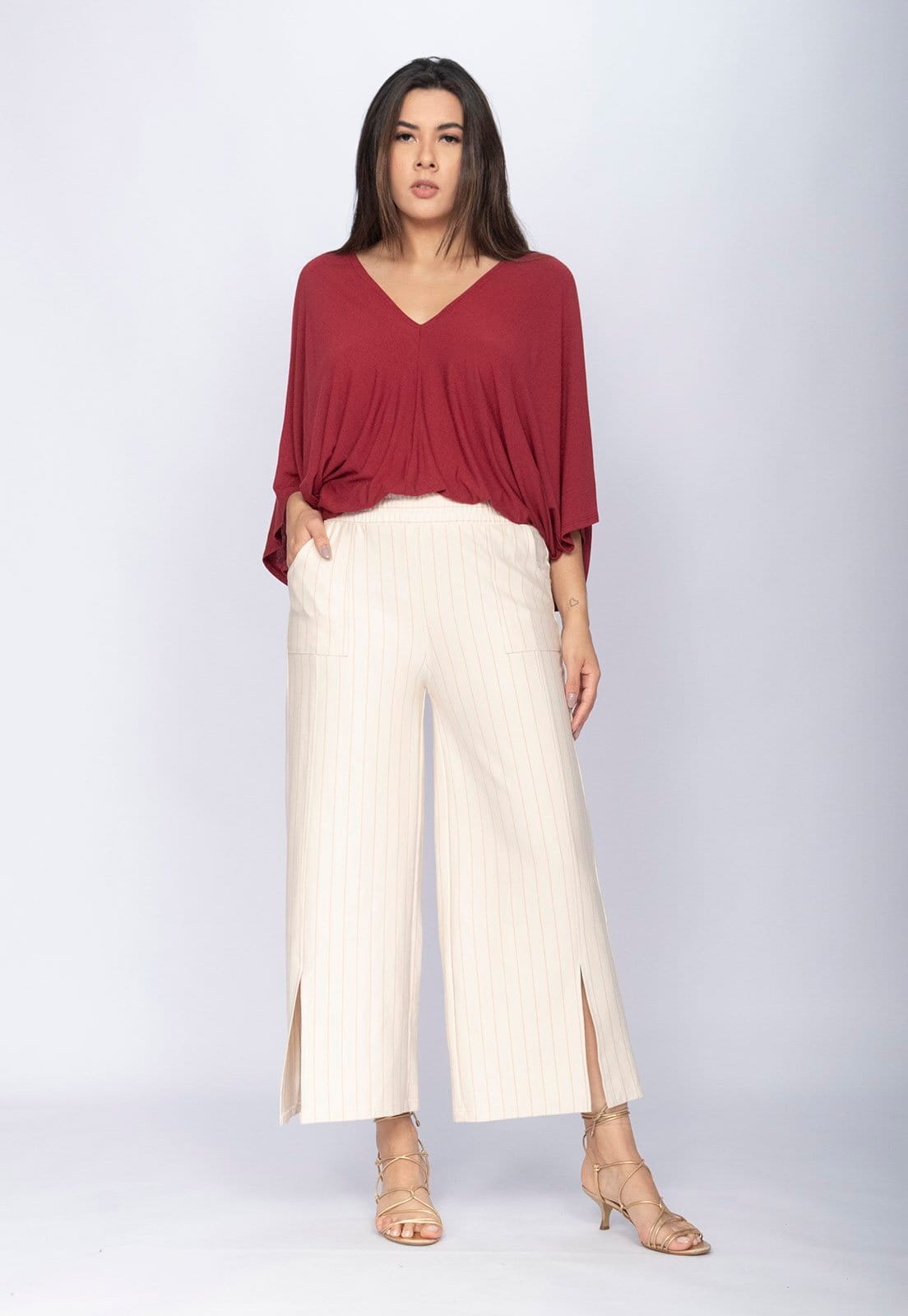 Calça Amazonia Vital Pantacourt Malha Encorpada Risca de Giz Marfim Natural - 2