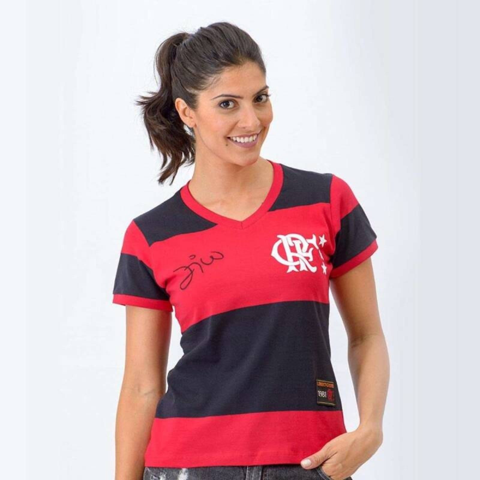 Camisa Braziline Flamengo Zico 81 - Feminina - Pretovermelho