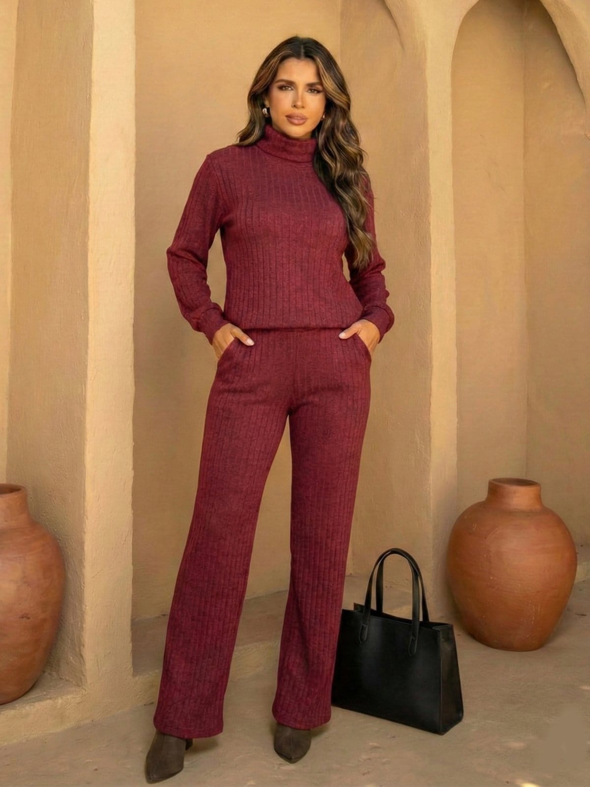 Conjunto Feminino Blusa Manga Longa de Frio Calça Reta Cintura Alta Moletinho Canelado Marsala