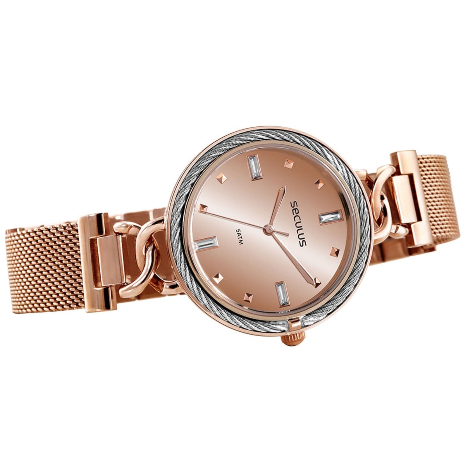 Vista 2 Relógio Seculus Feminino Espelhado Malha de Aço Rosé Seculus rosa rosé