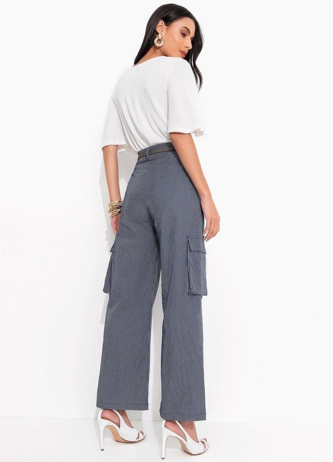 Vista 2 Calça Cargo Listrado Em Sarja Quintess azul