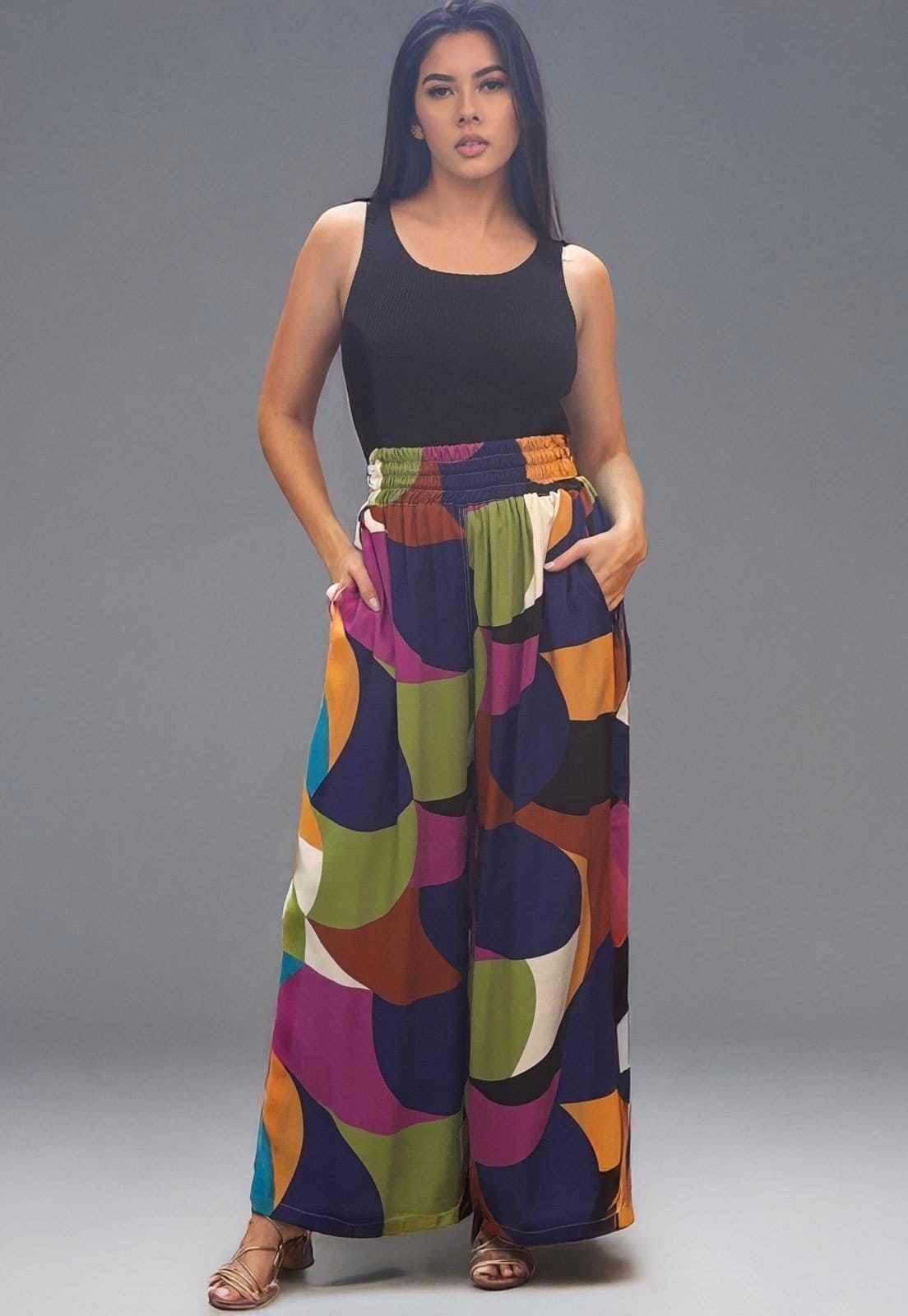 Vista 2 Calça Pantalona Elastic Amazonia Vital Estampa Jardim Amazonia Vital azul/estampado/laranja/preto/verde azul