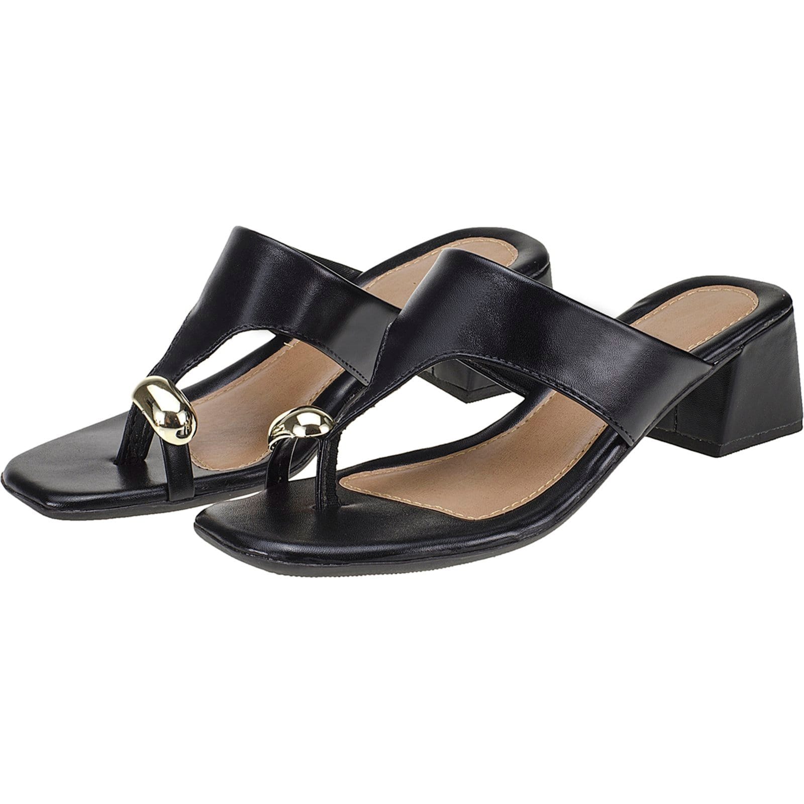 Vista 2 Sandália Tamanco Feminina com Salto Quadrado Detalhe Dourado CIA DOS PASSOS preto