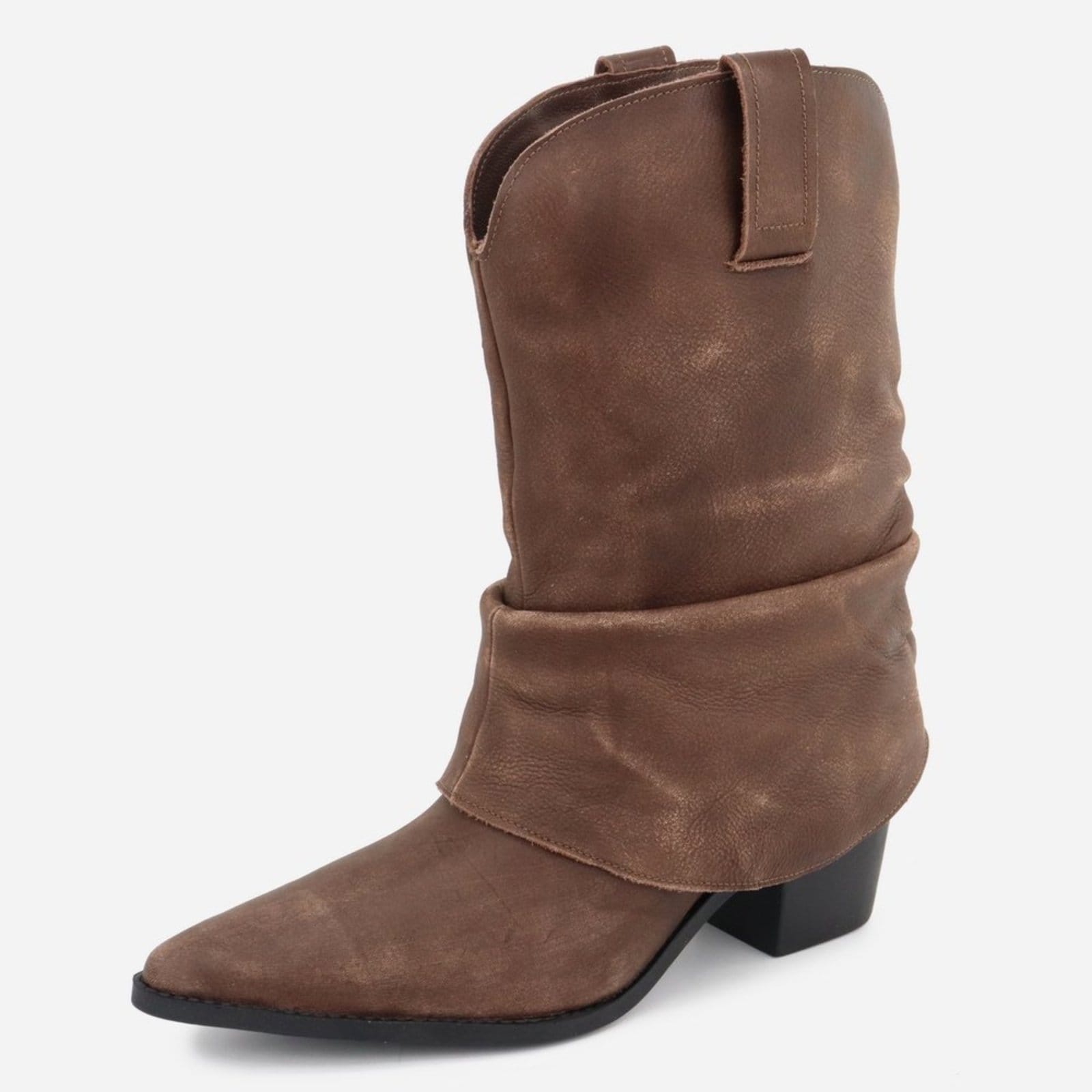 Bota Texana Country Western Enrugada Slouchy Em Couro Feminina Bico Fino Maria Paula Camurça Café