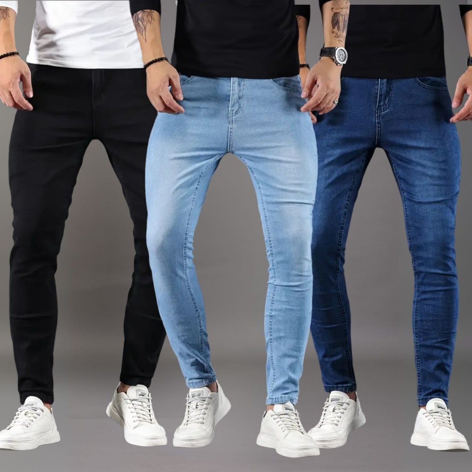 Kit 3 Calças Jeans Masculina Skinny Casual Premium Confortável com Elastano e Preto