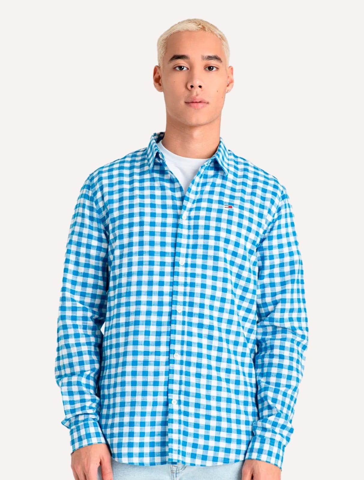 Vista principal Camisa Tommy Jeans Masculina Xadrez Essential Branca Tommy Jeans azul