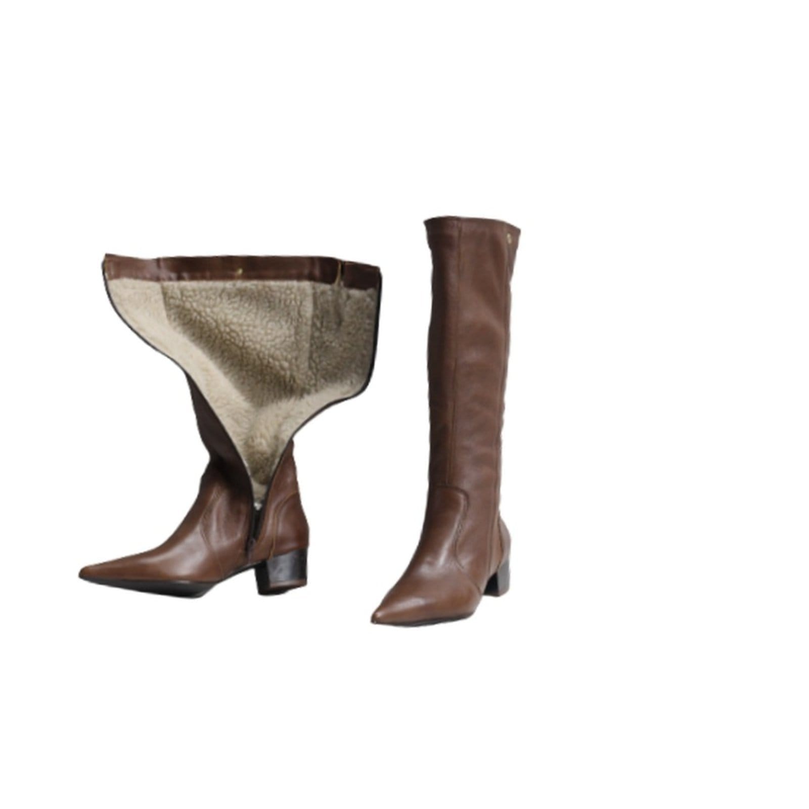 Bota Feminina Lã Sintética Bico Fino Cano Longo Couro Salto 4 Cm Camel