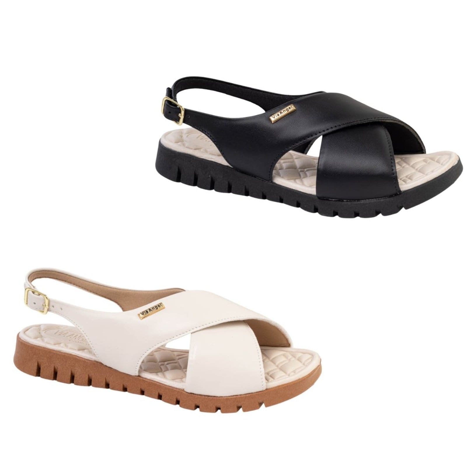 KIT 2 Sandália Feminina Ortopédica Via Angel Tratorada de X Confortável Estilosa 76.05 Preto e Off