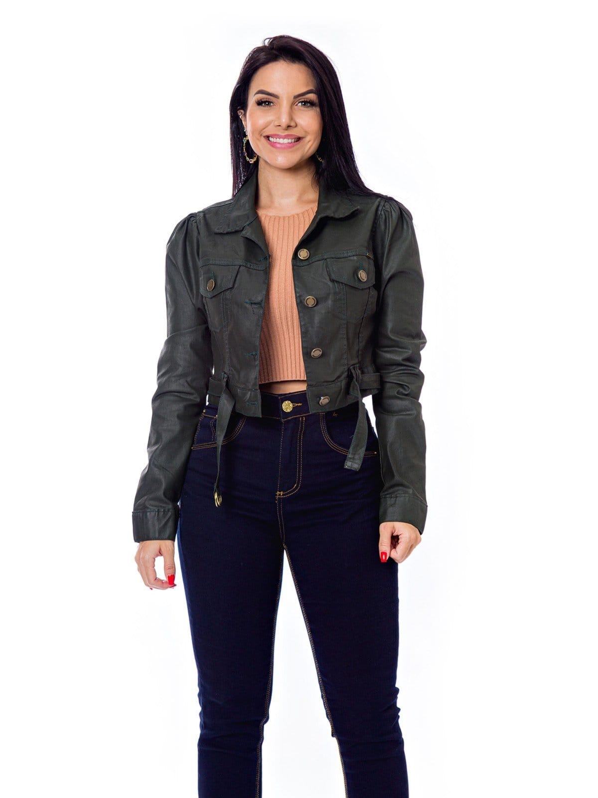 Jaqueta Restrito Jeans Resinada Premium com Botões e Cinto - Militar