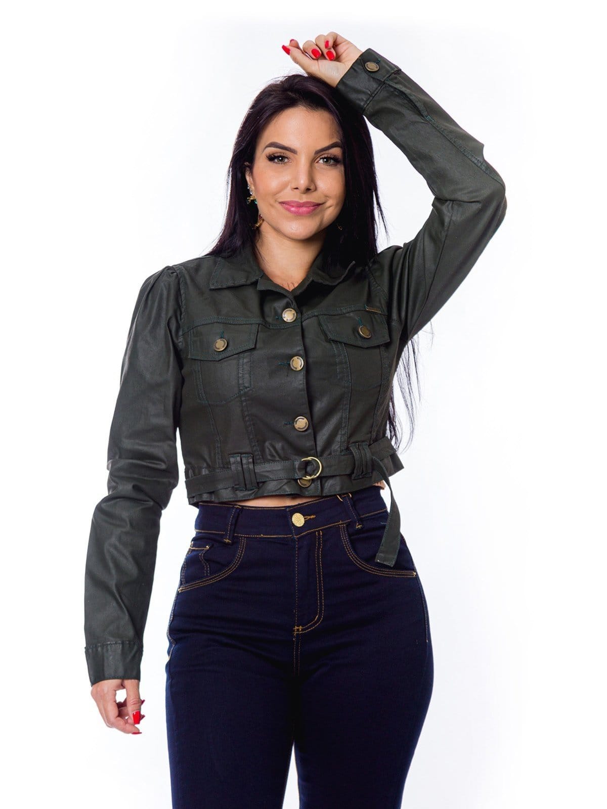 Vista 2 Jaqueta Restrito Jeans Resinada Premium com Botões e Cinto - Militar Restrito Jeans verde militar