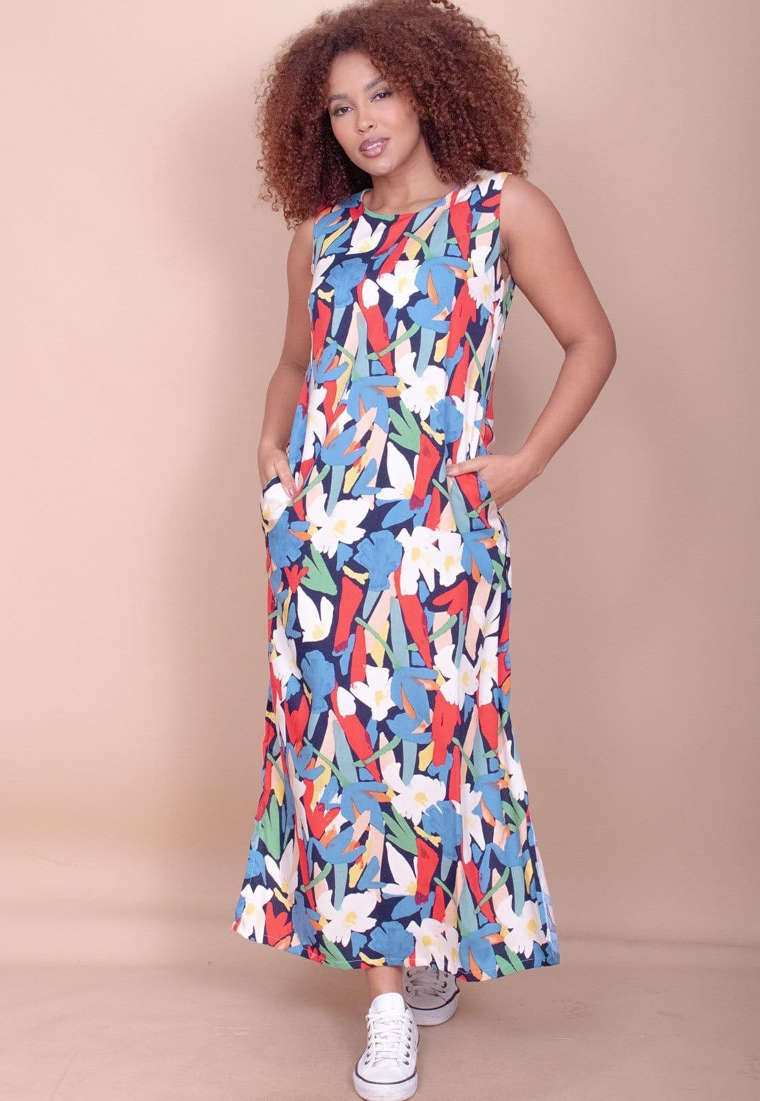 Vista 2 Vestido Longo Cabanafree Plano com Bolso Estampa Floresce Cabanafree azul/estampado/off-white/vermelho