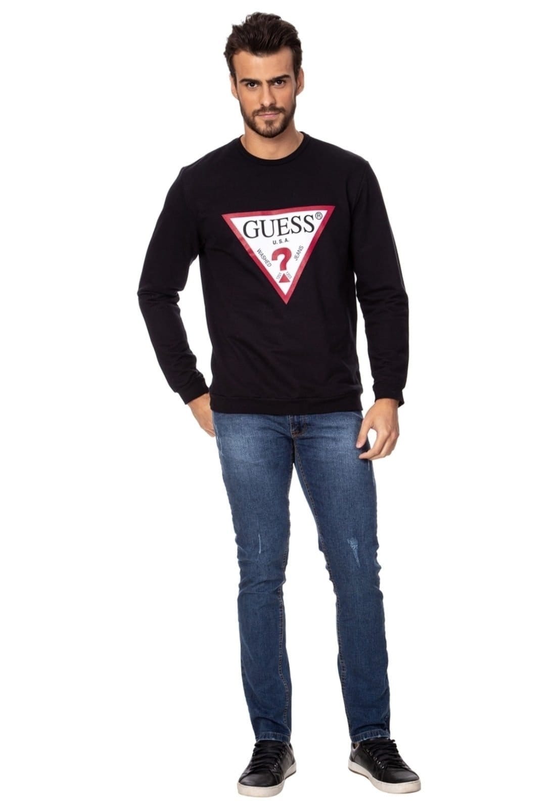Vista 2 Blusa Guess De Moletom Gola Careca Guess preto
