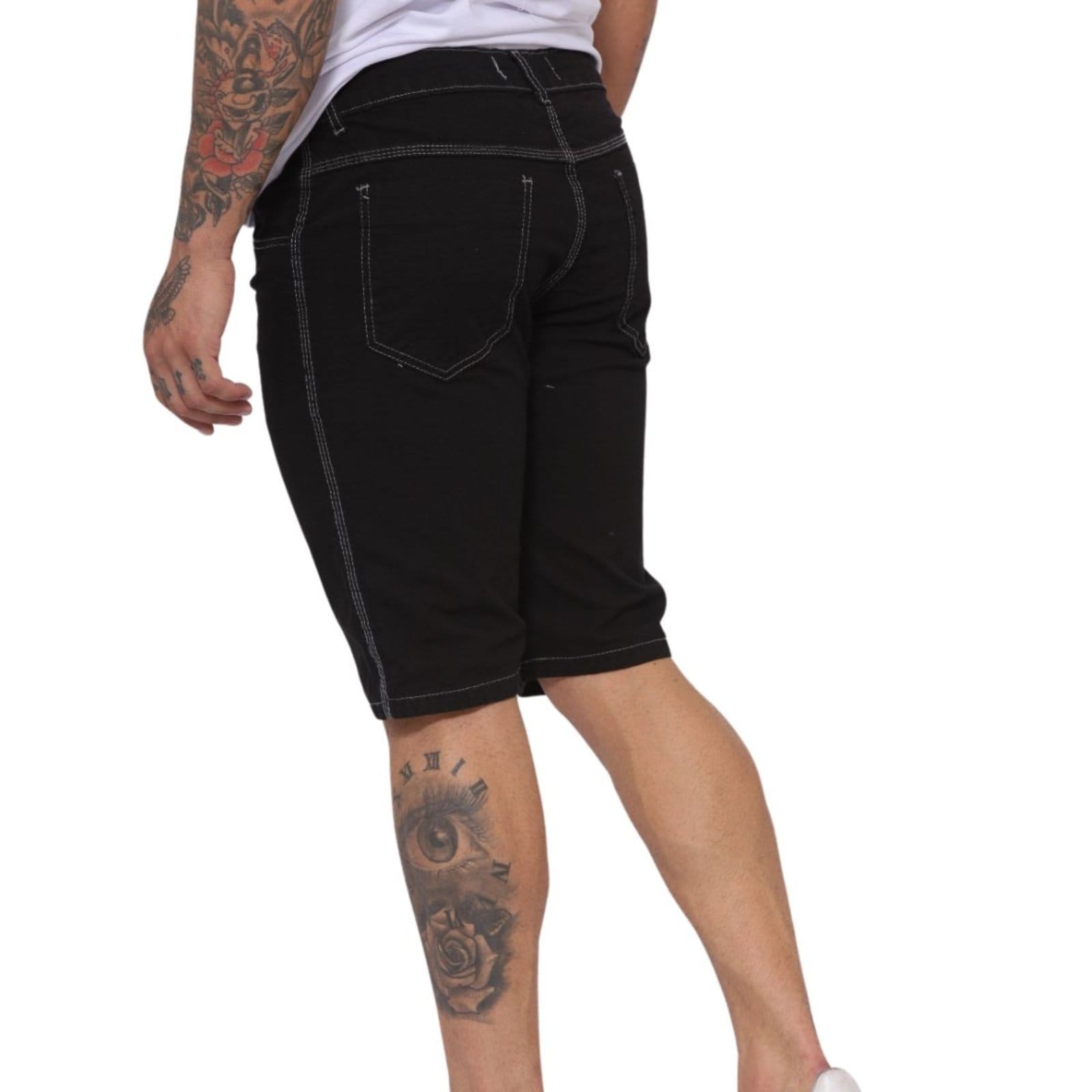 Vista 2 Bermuda Collor Masculino Básica Preta Sarja com Linha Branca Jeans Loka preto