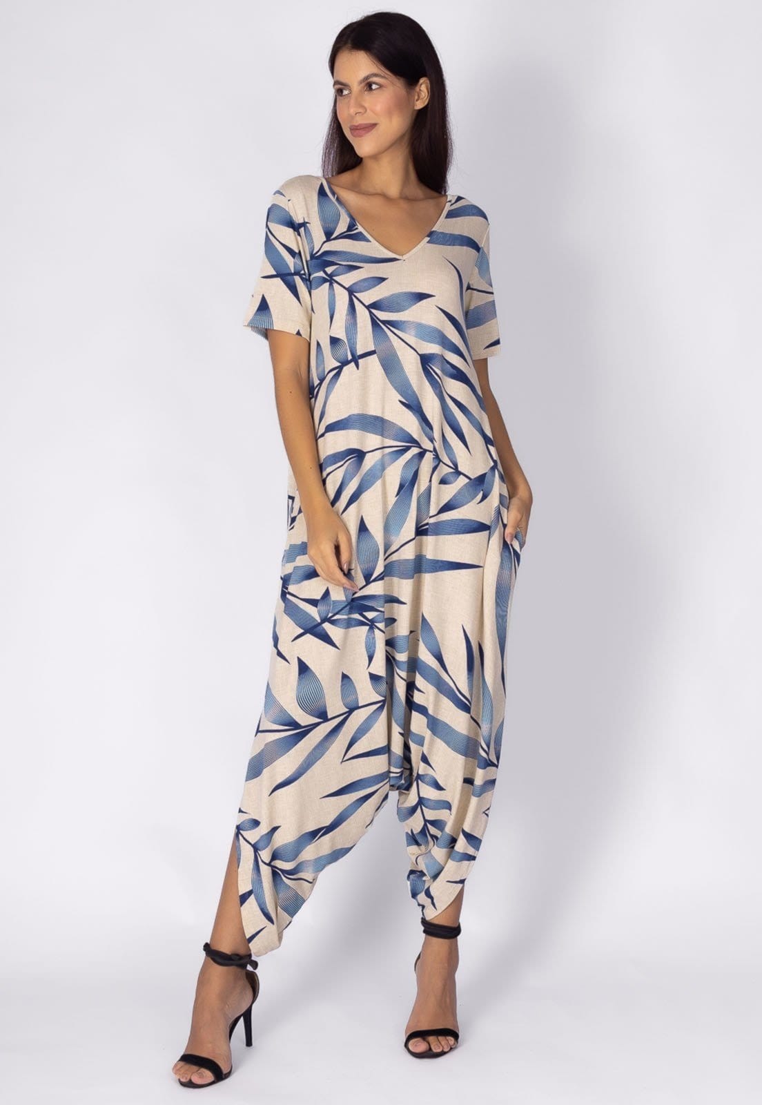 Vista 2 Macacão Saruel Amazonia Vital Malha Pantacourt com Manga Bambu Amazonia Vital azul/estampado azul