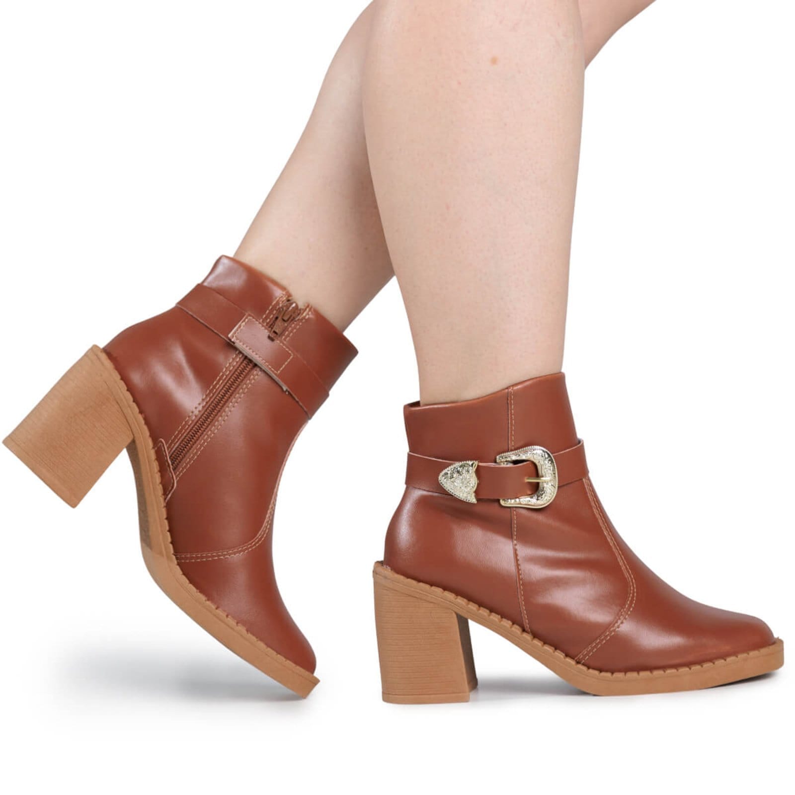 Bota Feminina Cano Baixo Salto Grosso Ankle Boot Fivela Bico Quadrado Via Angel 8003