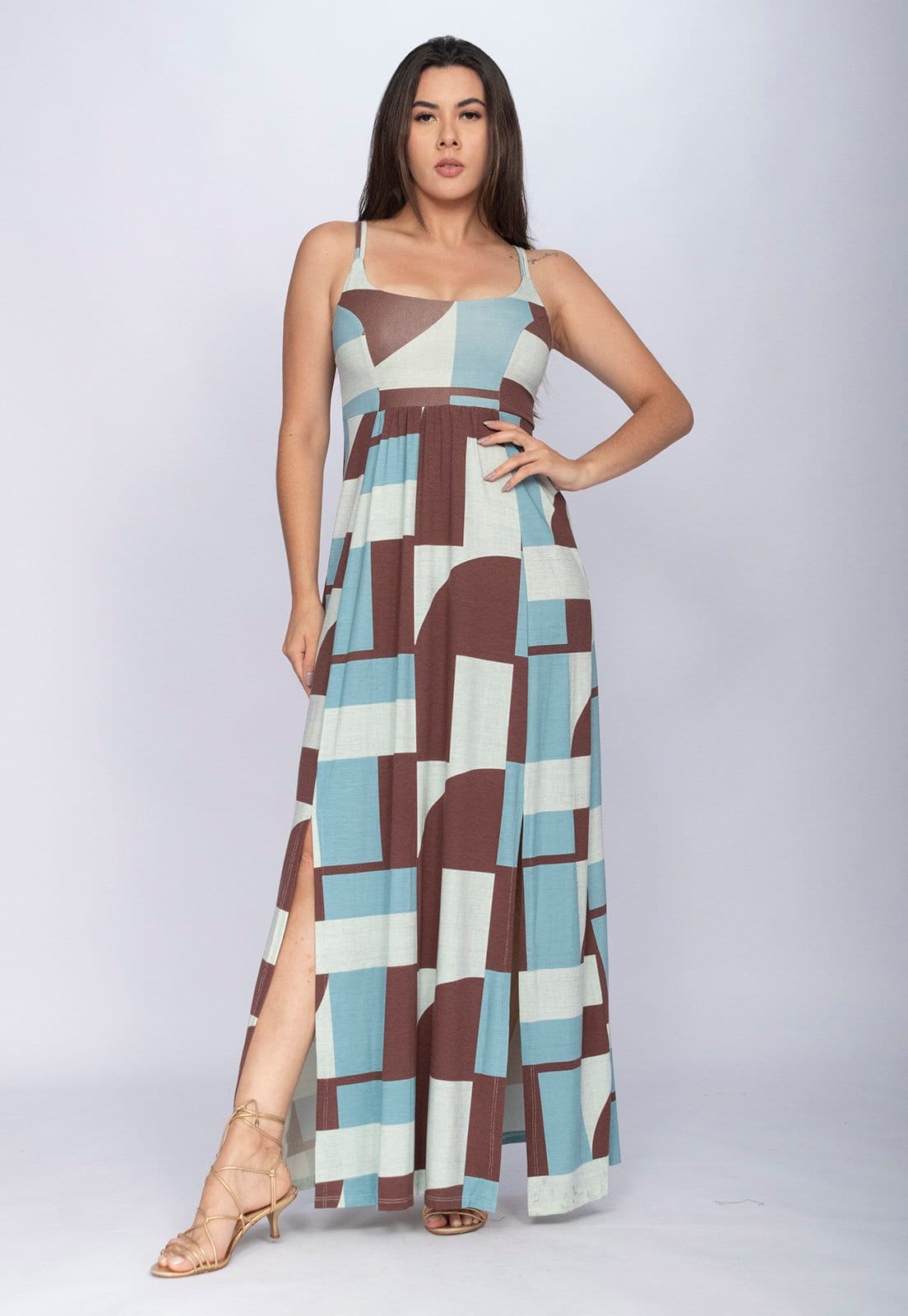 Vista principal Vestido CabanaFree Longo Jambo Malha Aberturas Santa Rosa do Tocantins Cabanafree azul/estampado rosa