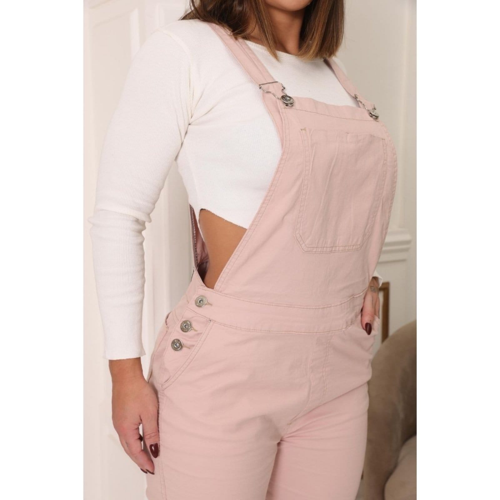 Vista principal Macacão Jardineira Curto Melina Jeans Loka Claro Jeans Loka rosa