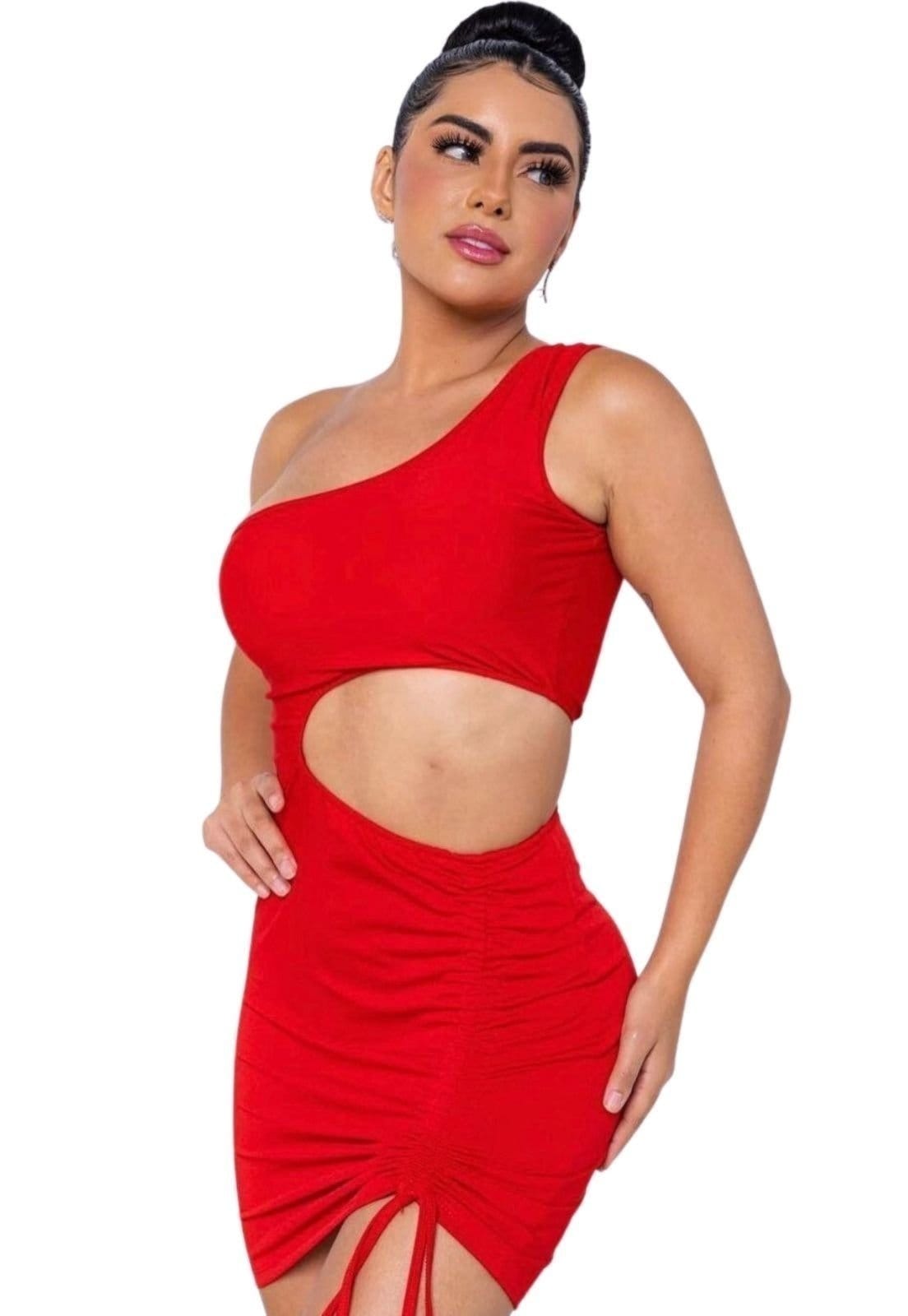 Vista 2 Vestido Summer Body Ombro Decote Reto Franzido Na Lateral Bojo Summer Body vermelho