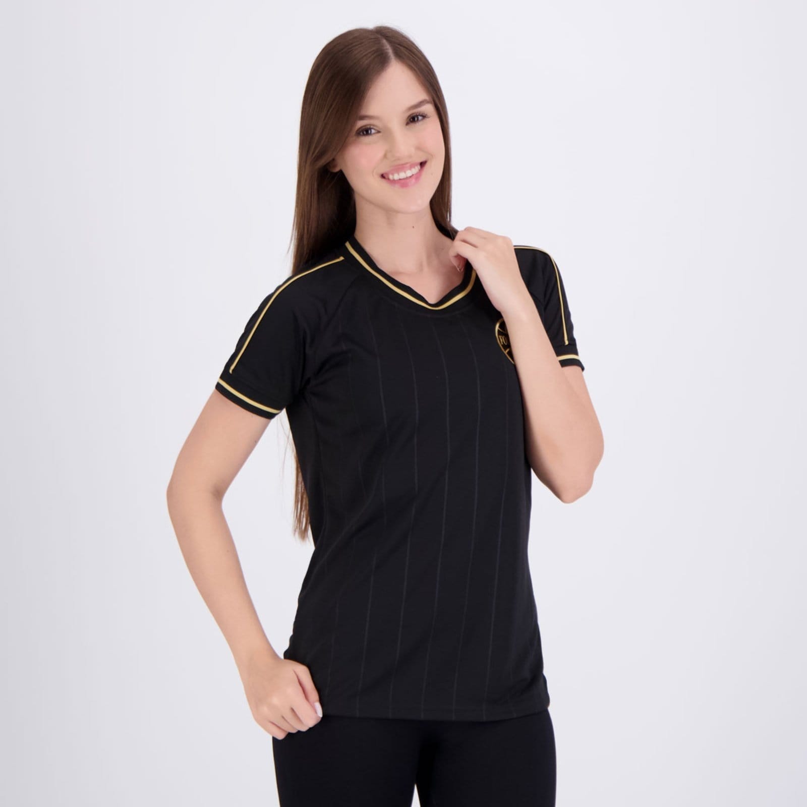 Vista 2 Camisa Grêmio Sorro Feminina Preta e Dourada Natural Cotton preto