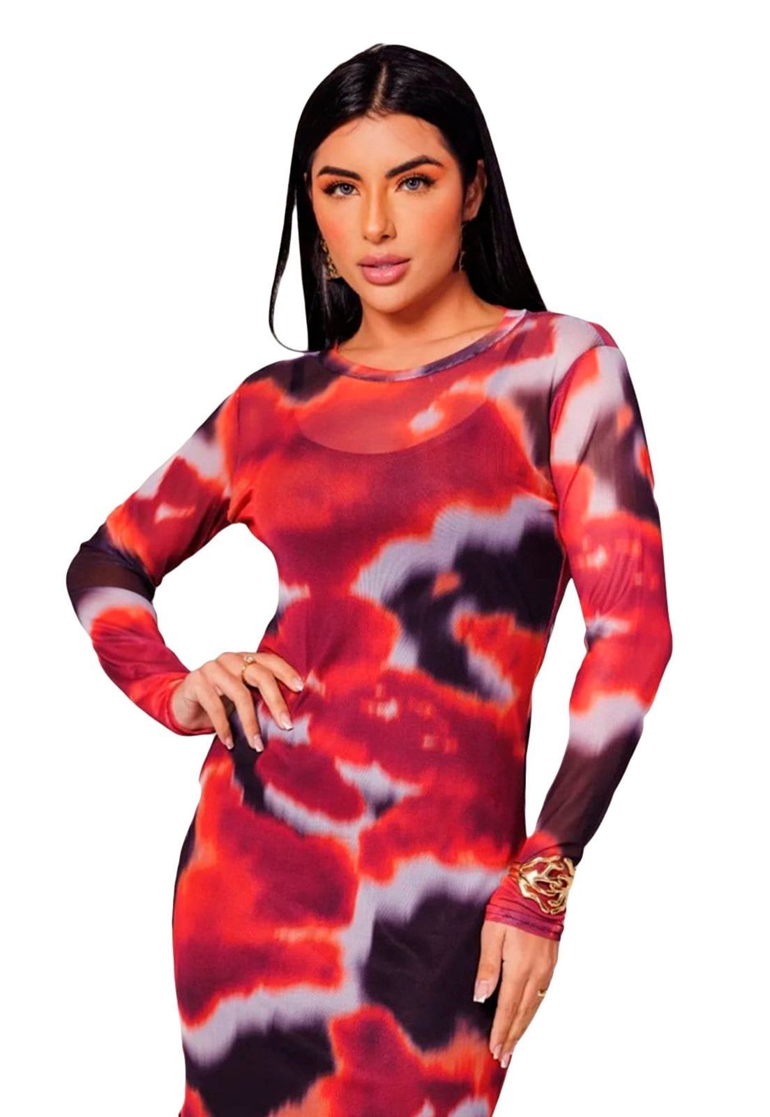 Vista 2 Vestido Tule Ywc ind Curto Manga Longa 2em1 Estampados Diversos Estampa vermelha YWC ind estampado