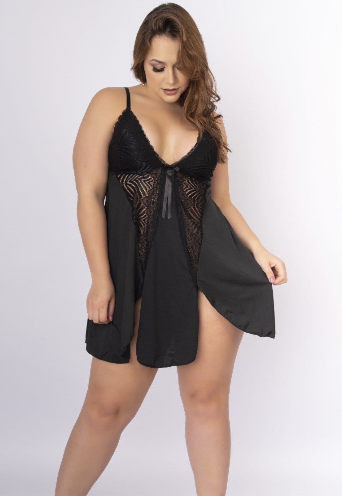 Vista 2 Camisola Plus Size WLS Modas Romantic Renda Lis WLS Modas preto