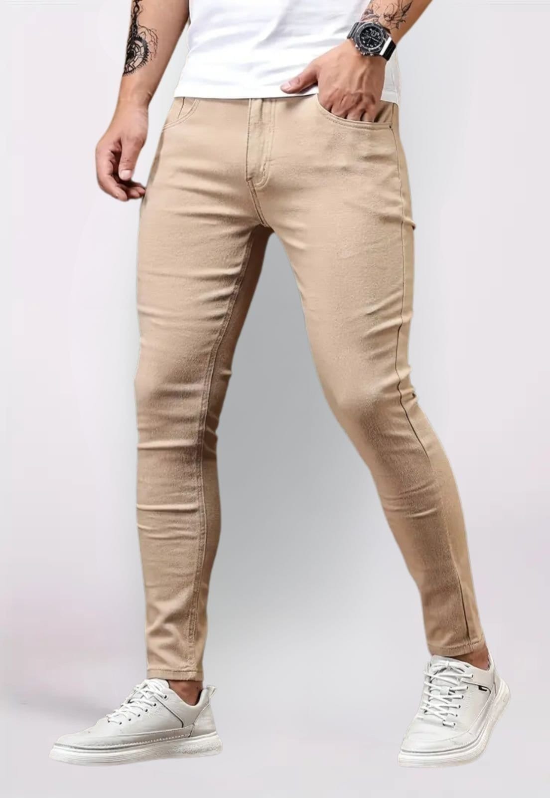 Vista 2 Kit 3 Calça Masculina Tempo Hábil Bege e Preto Sarja Corte Tradicional 5 Estilo verde