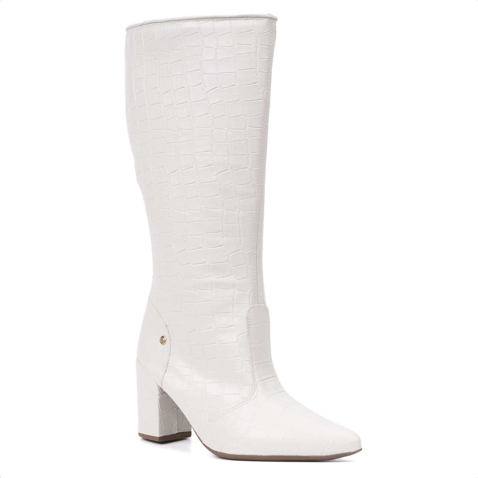 Vista principal Bota Feminina Domidona Cano Alto Longo Animal Print Salto Alto Grosso Off White Domidona off-white white