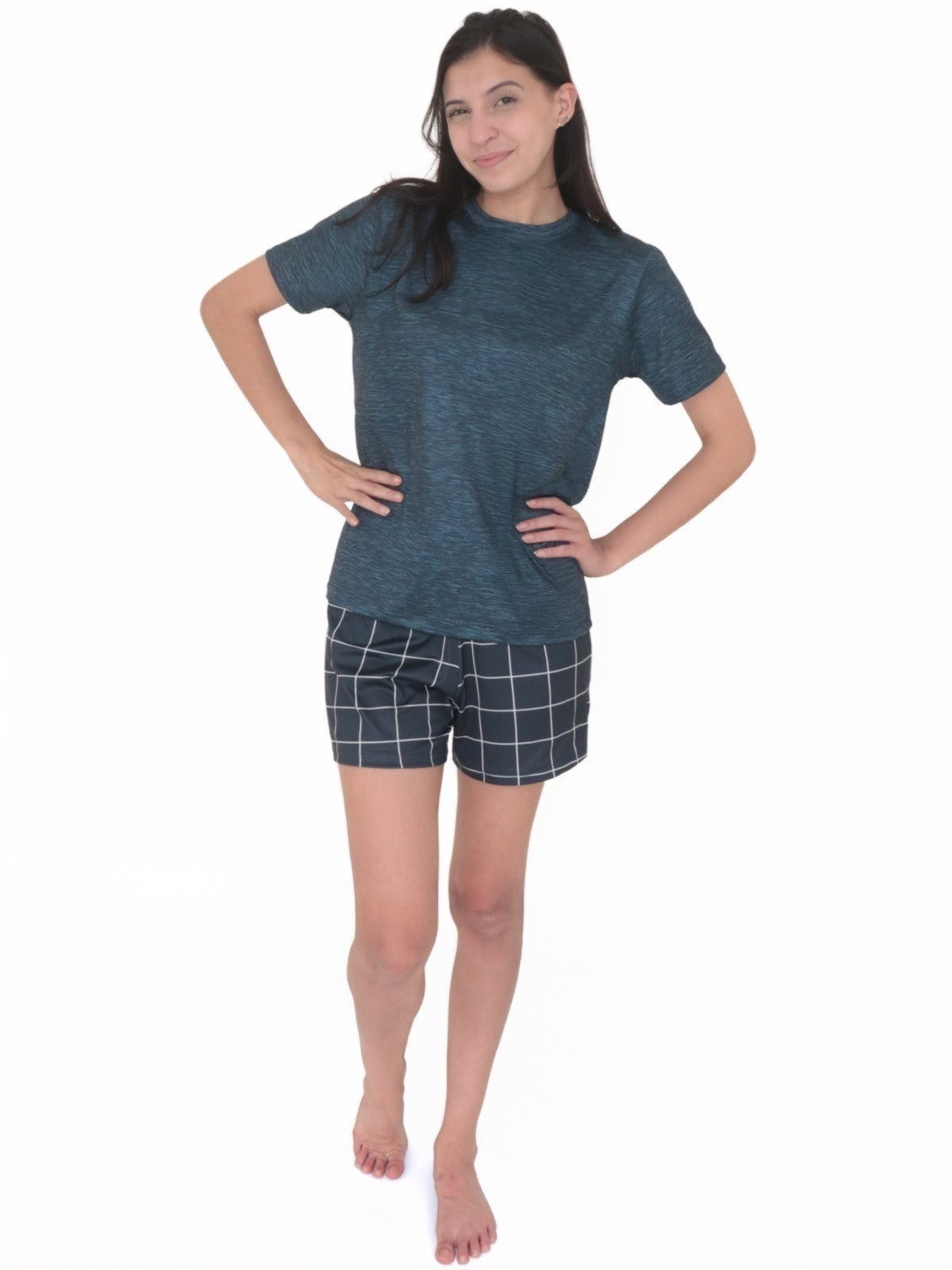 Vista 2 Pijama Feminino de Verão em Peach Touch Mesclado Magicamente Kids azul/xadrez